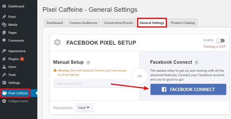 Установка Facebook Pixel с помощью плагина Caffeine